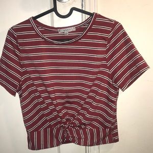 burgundy crop top with white & black stripes